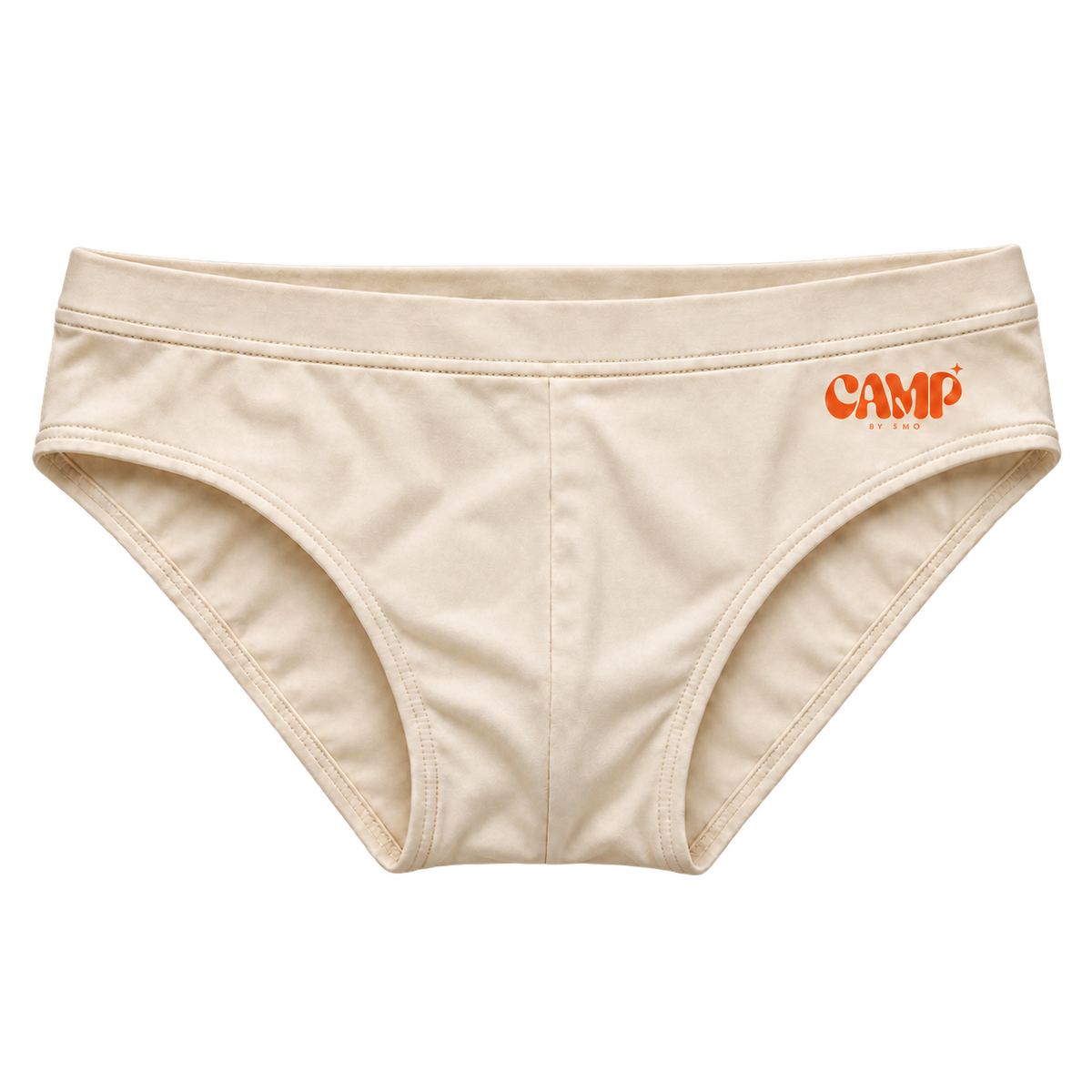 Front view of the CAMP Poolside Brief in Cabana Cream, with a warm cream finish and orange CAMP logo.