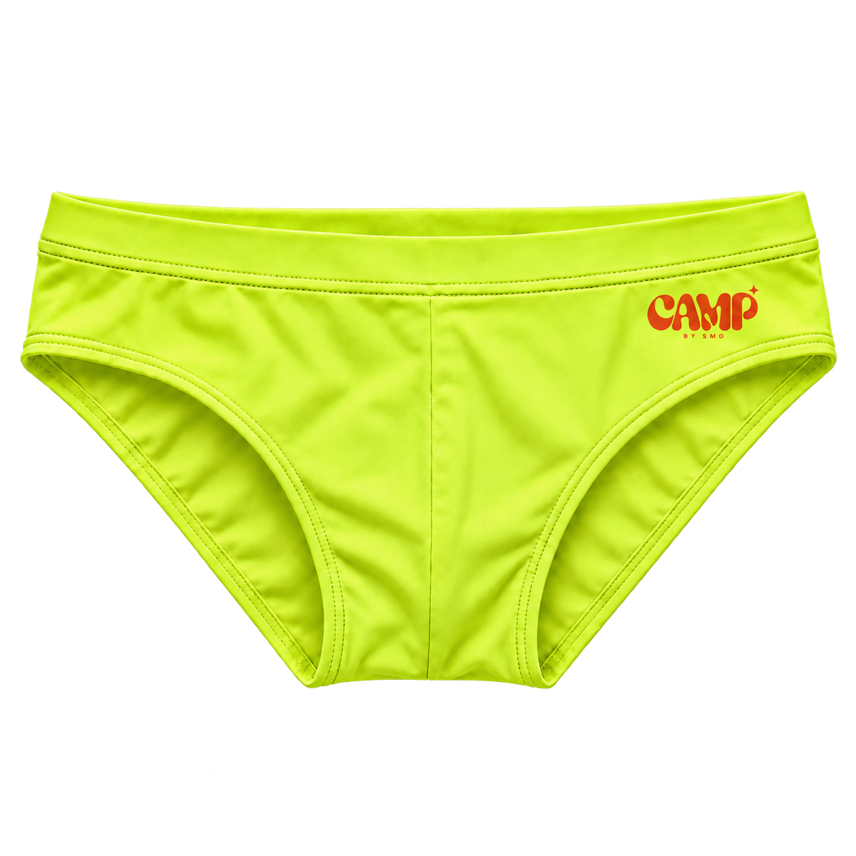 Front view of the CAMP Poolside Brief in Electric Palm, a vivid lime swim brief with an orange CAMP logo.