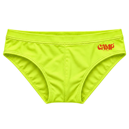 Front view of the CAMP Poolside Brief in Electric Palm, a vivid lime swim brief with an orange CAMP logo.