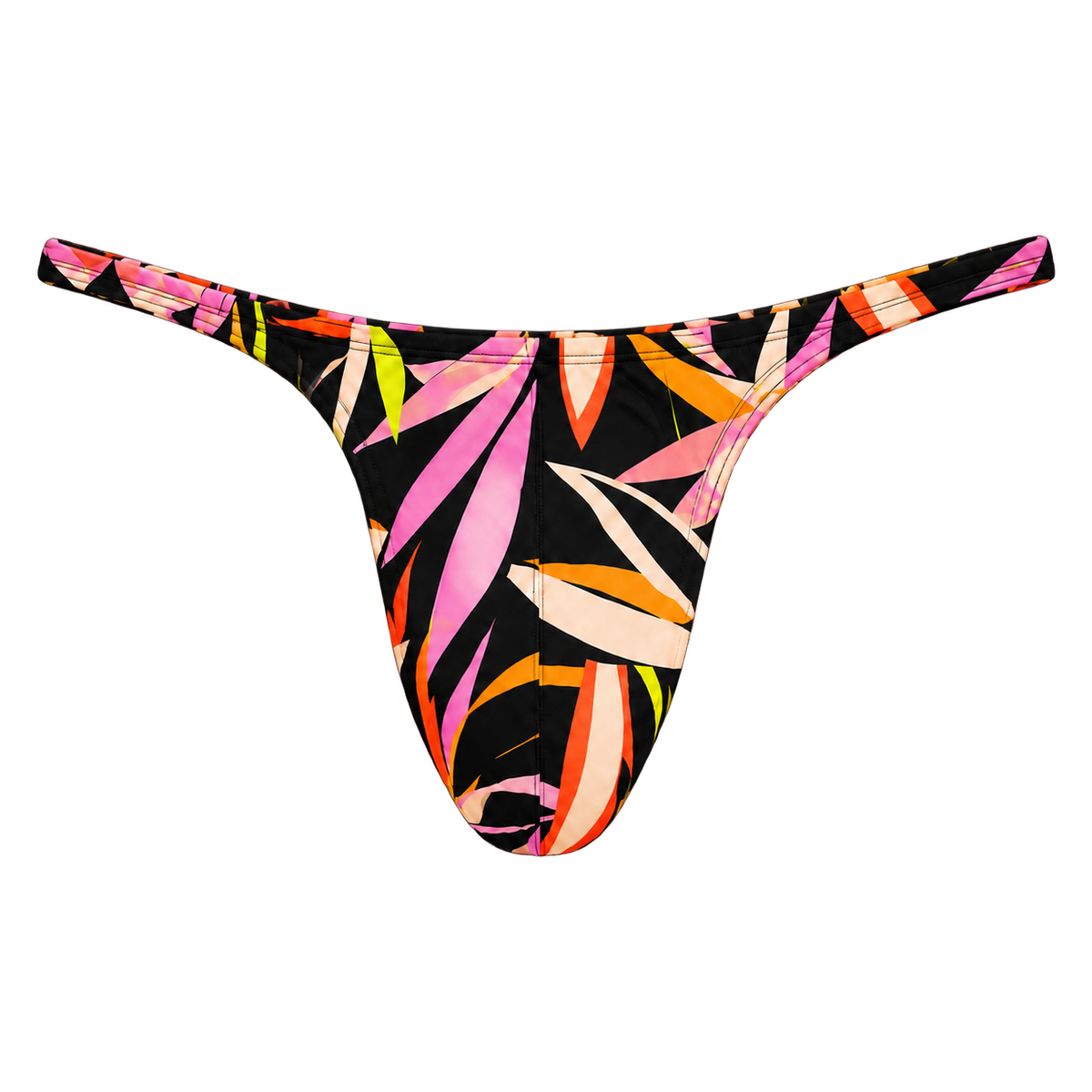 Front view of the CAMP Side Piece Swim Thong in Tropic Like Its Hot, with slim sides and a colourful tropical leaf print on black.