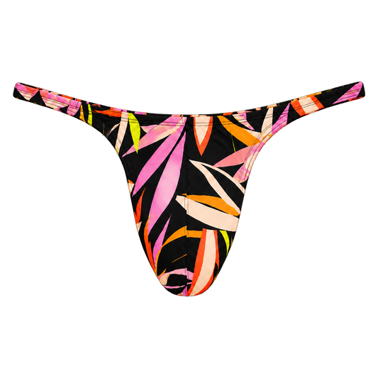 Front view of the CAMP Side Piece Swim Thong in Tropic Like Its Hot, with slim sides and a colourful tropical leaf print on black.