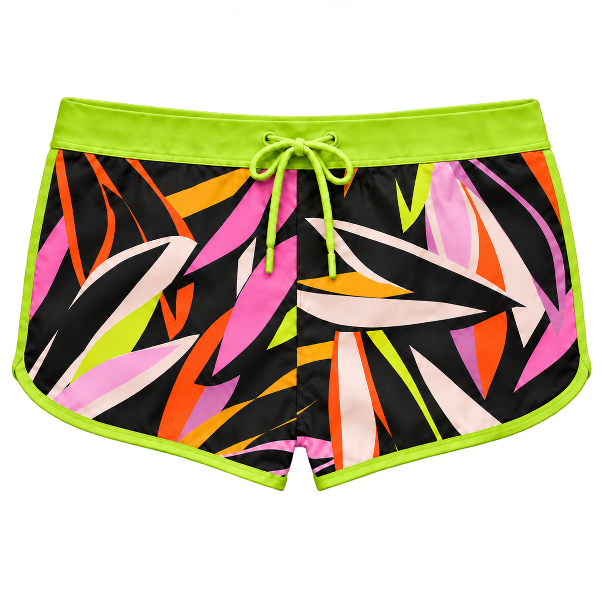 Front view of CAMP Short Notice Swim Trunks in Tropic Like Its Hot, with a tropical print on black, lime waistband and trim, and a lime drawstring.