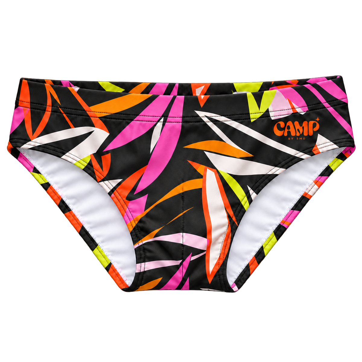 Front view of the CAMP Sun Bather Swim Brief in Tropic Like Its Hot, with a black ground, colourful tropical leaf print, and orange CAMP logo.