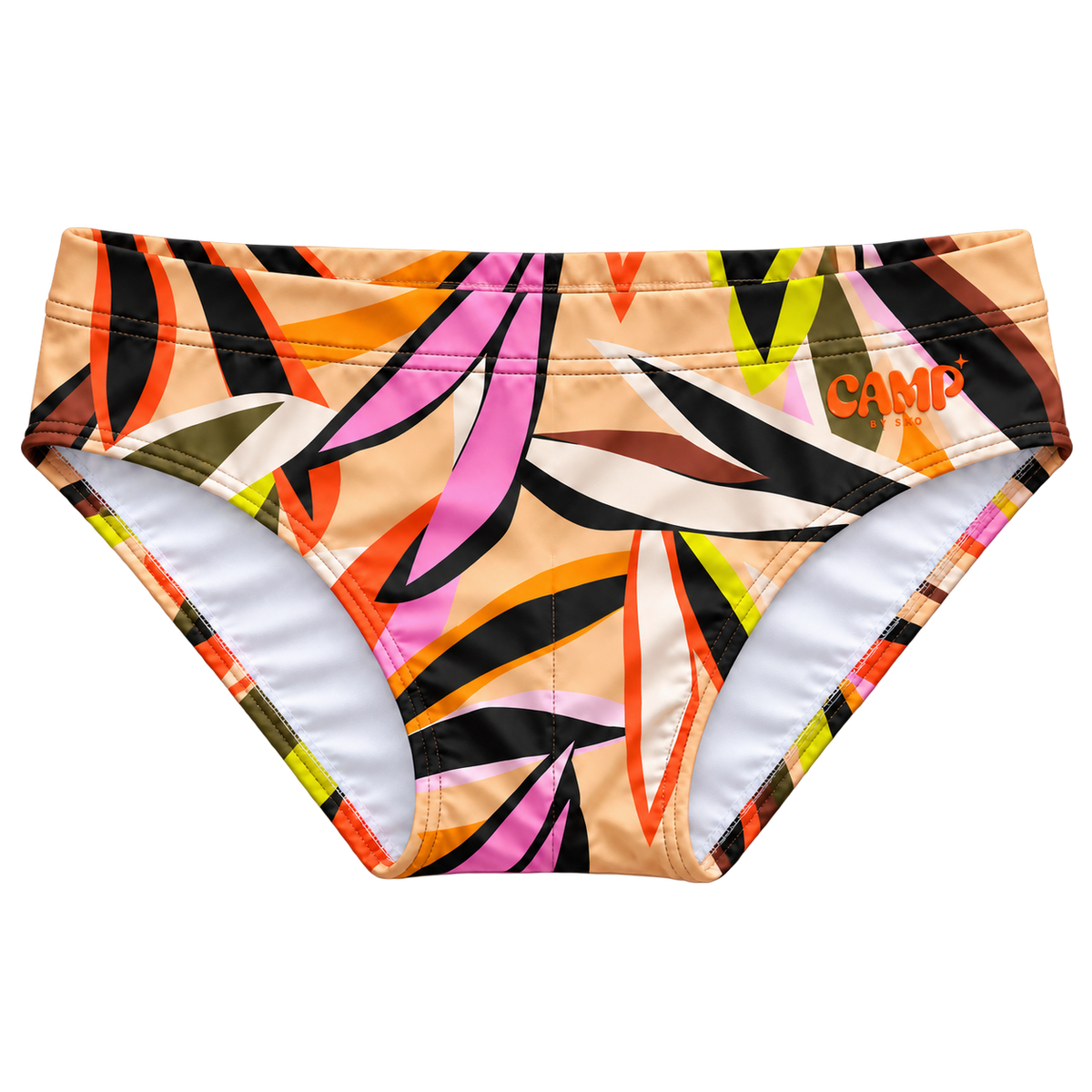 Front view of the CAMP Sun Bather Swim Brief in Tropic Like Its Hot, with a tan ground, colourful tropical leaf print, and orange CAMP logo.